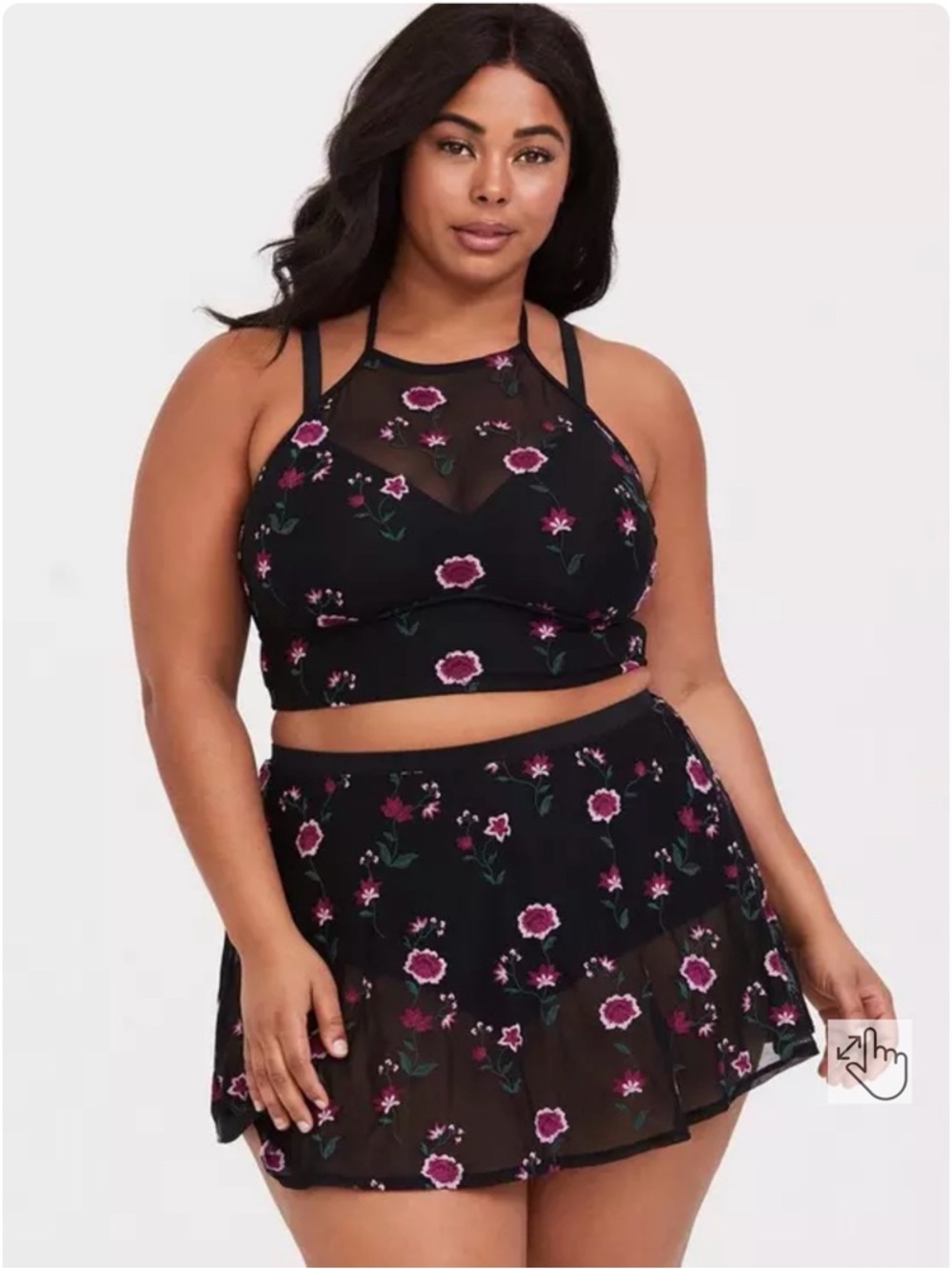 Torrid Black Mesh High Neck with Embroidered Floral Detail Bikini Swim Top